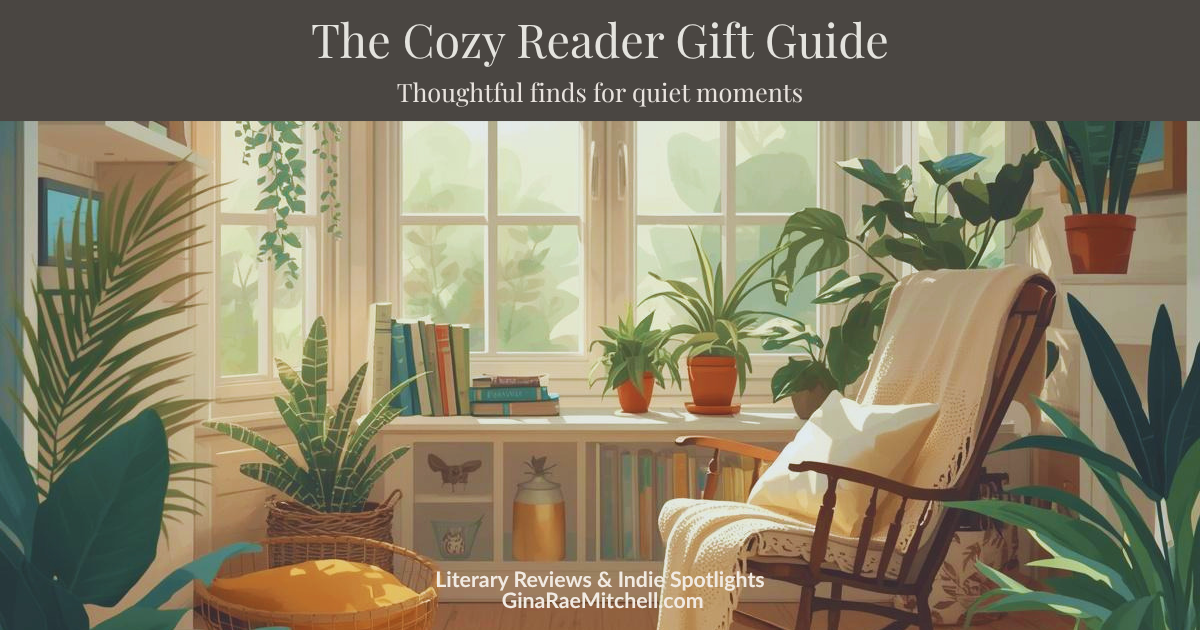 Cozy reading nook with plants, books, and a rocking chair in soft natural light, with text overlay The Cozy Reader Gift Guide and Thoughtful finds for quiet moments.