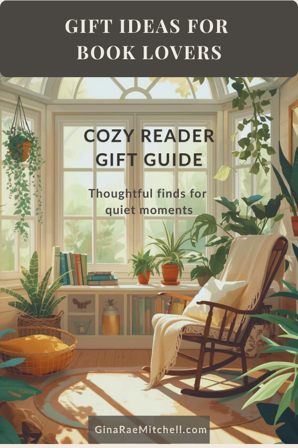Gift ideas for book lovers featuring a cozy reading nook with plants and books, titled Cozy Reader Gift Guide with thoughtful finds for quiet moments.