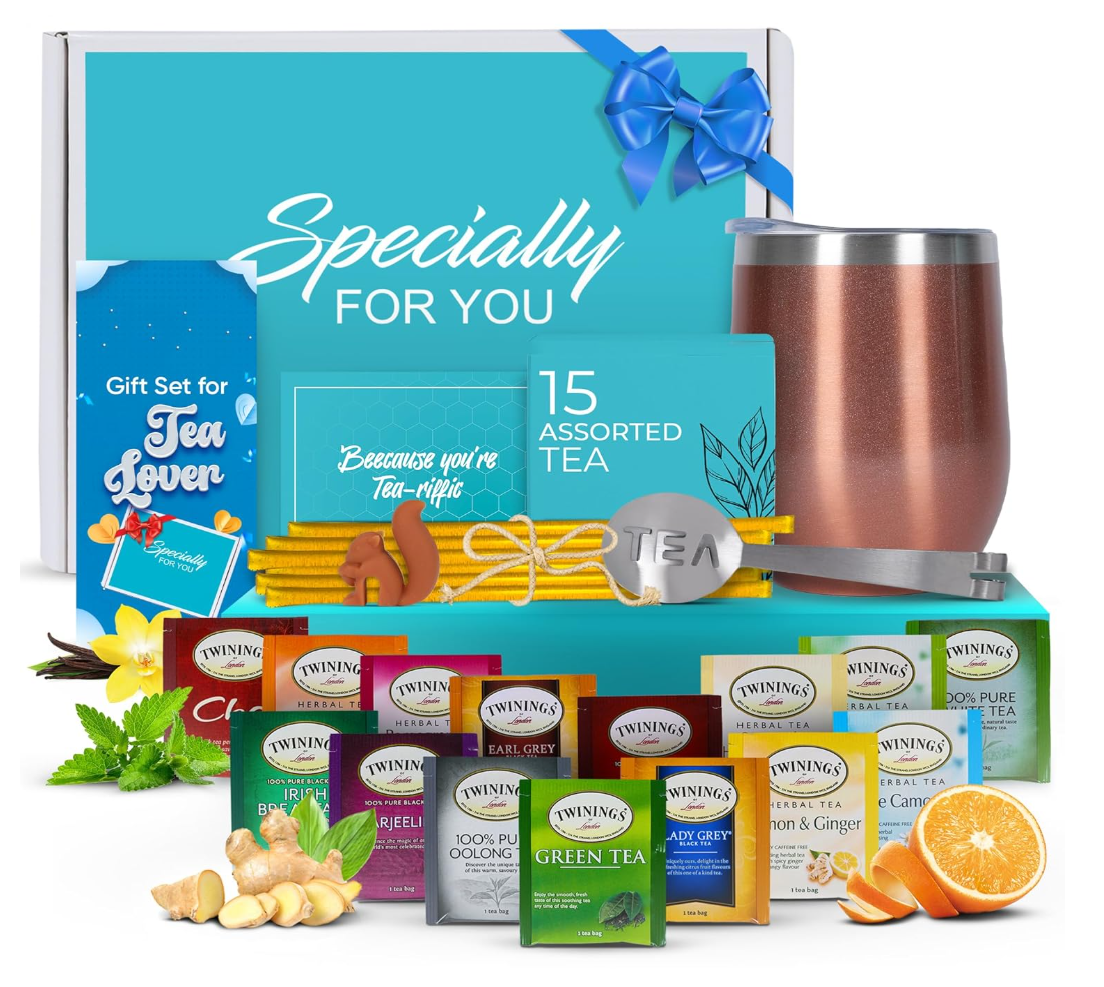 Tea tumbler gift set with assorted tea blends, honey sticks, and insulated cup for cozy reading moments