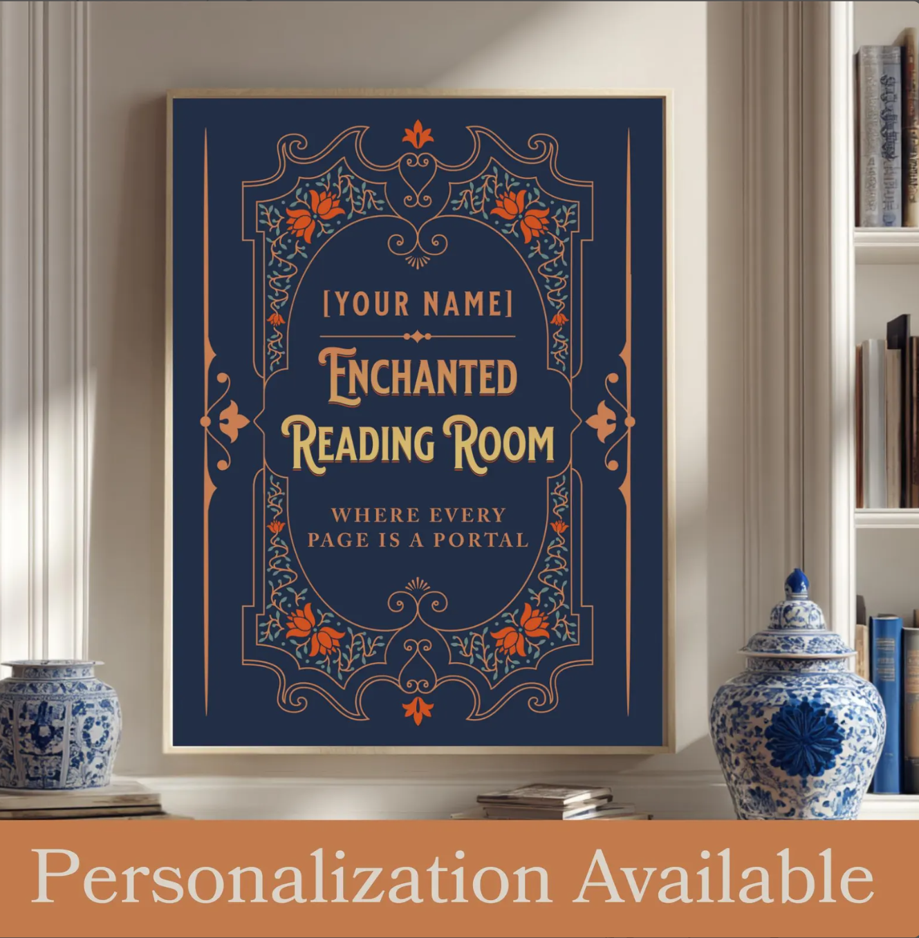 Personalized enchanted reading room print with decorative vintage frame design