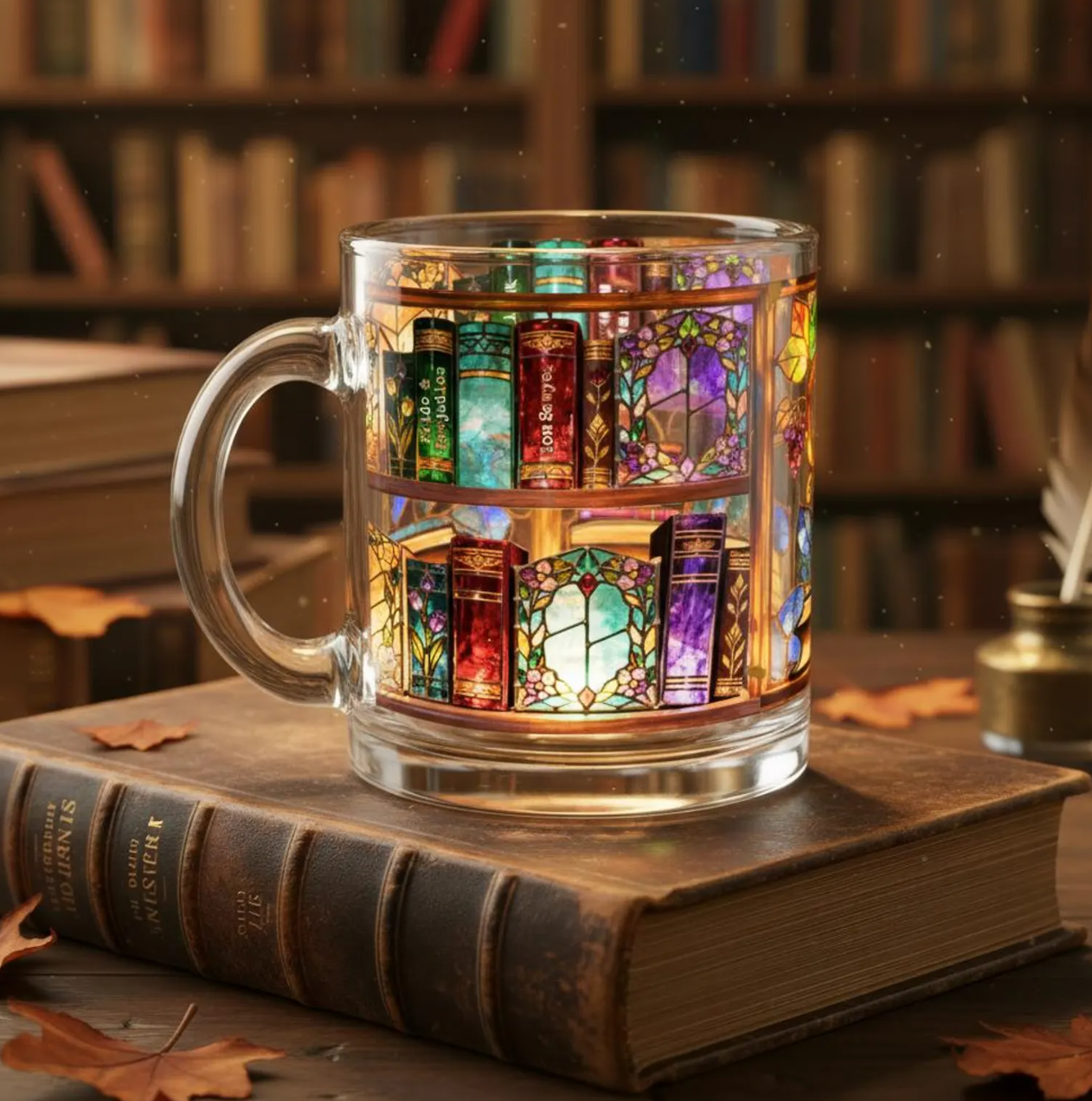 Glass mug with a stained glass bookshelf design, featuring colorful books and customizable titles