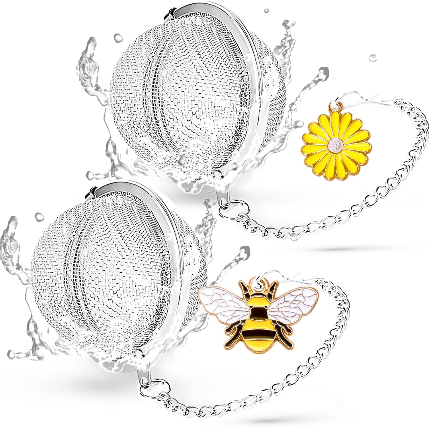 Stainless steel tea infuser set with honeybee and flower charms for loose leaf tea