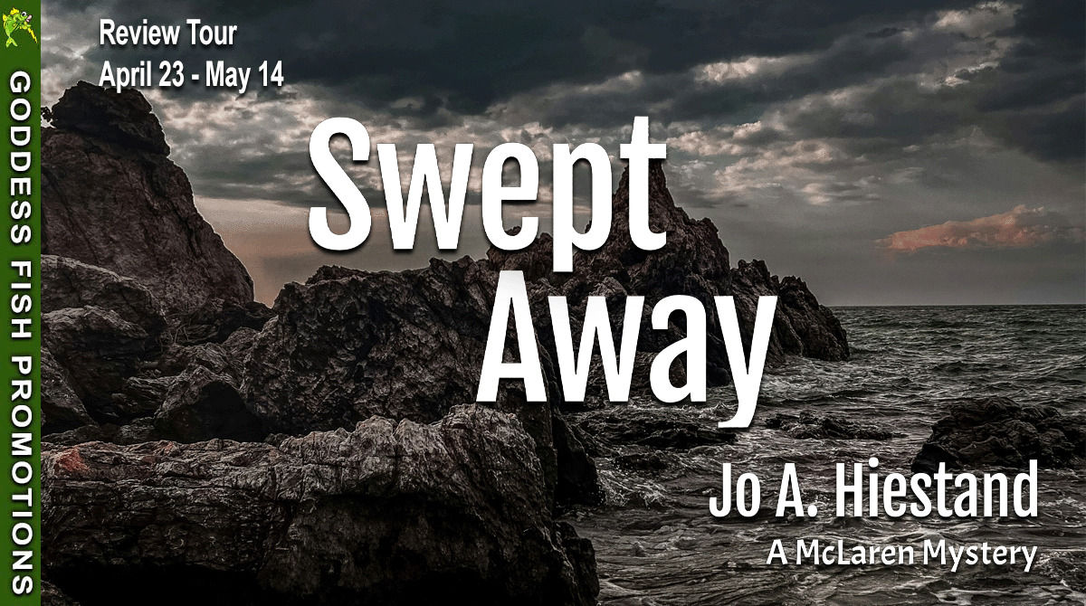 Tour banner for the Goddess Fish Promotions review tour of Swept Away by Jo Hiestand, showing tour dates and tour branding.