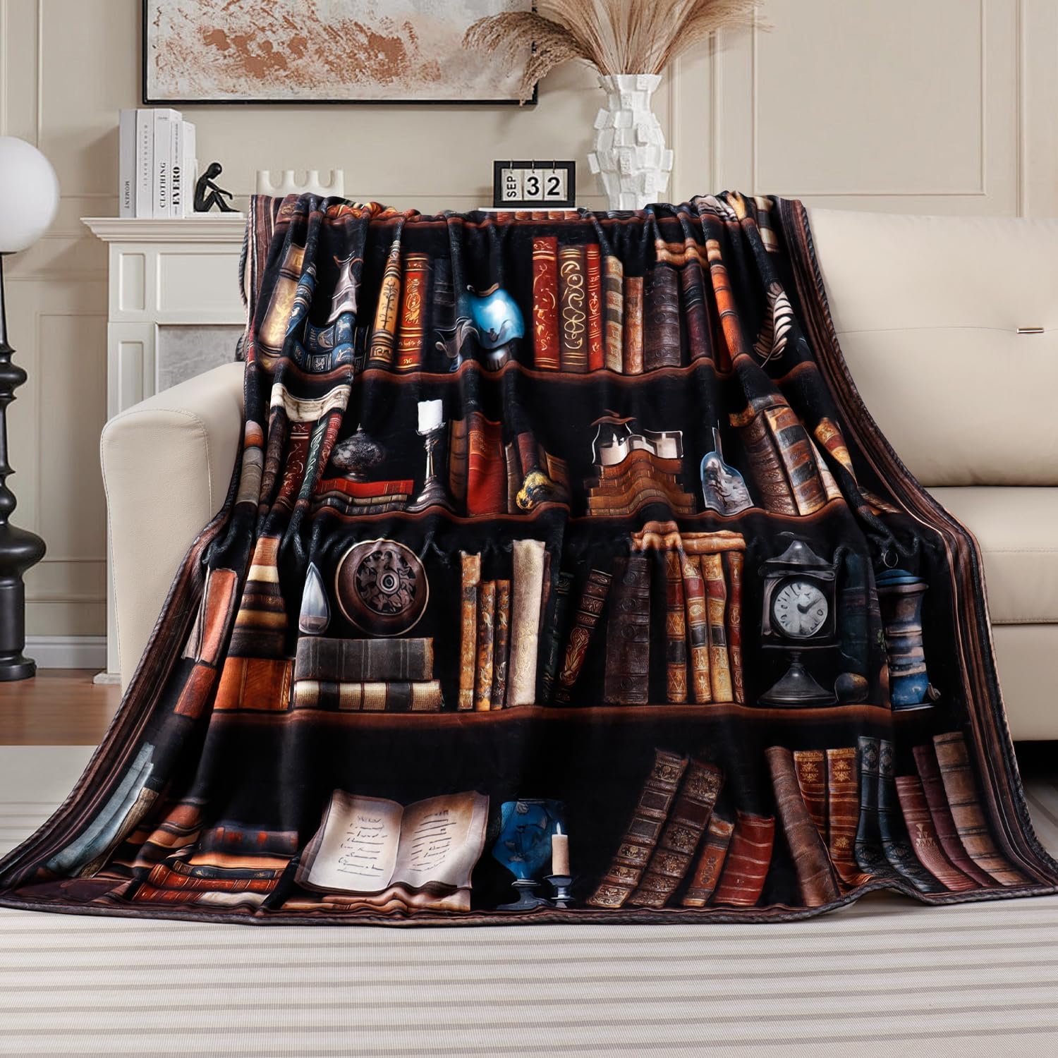 Plush throw blanket with a vintage bookshelf design, featuring rows of classic books
