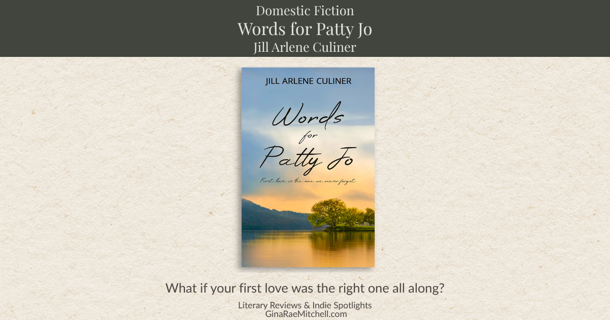 Wide blog banner for the review of Words for Patty Jo by Jill Arlene Culiner, featuring the book cover centered on a neutral background with ginaraemitchell.com branding.