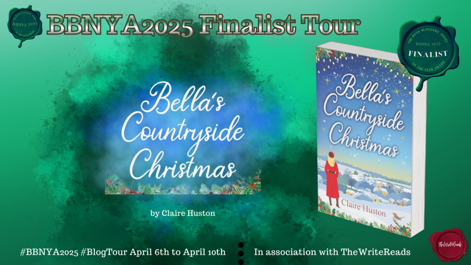 BBNYA 2025 finalist tour banner for Bella's Countryside Christmas by Claire Huston featuring the book cover with a snowy village scene and festive holiday design