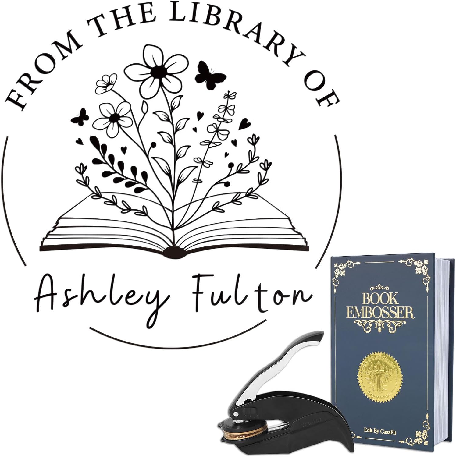 Personalized book embosser with floral design and text 'From the Library of', creating a custom mark for a personal book collection