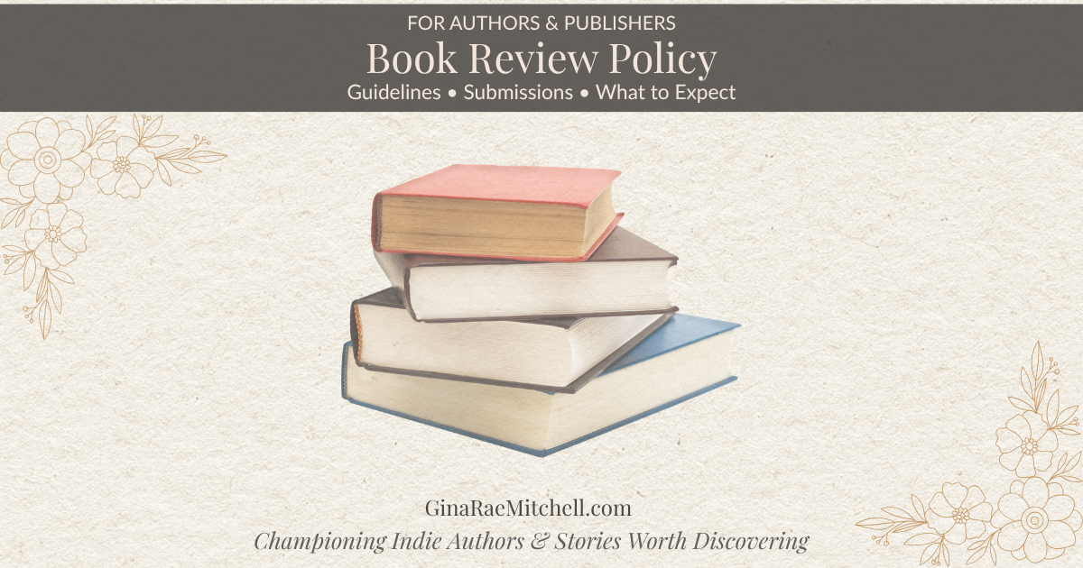 book review policy page banner for Gina Rae Mitchell book blog featuring guidelines, submissions, and what to expect