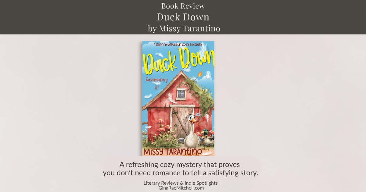 Wide blog banner for the review of Duck Down by Missy Tarantino, a cozy mystery featuring small-town charm, ducks, and Granny Appleton.