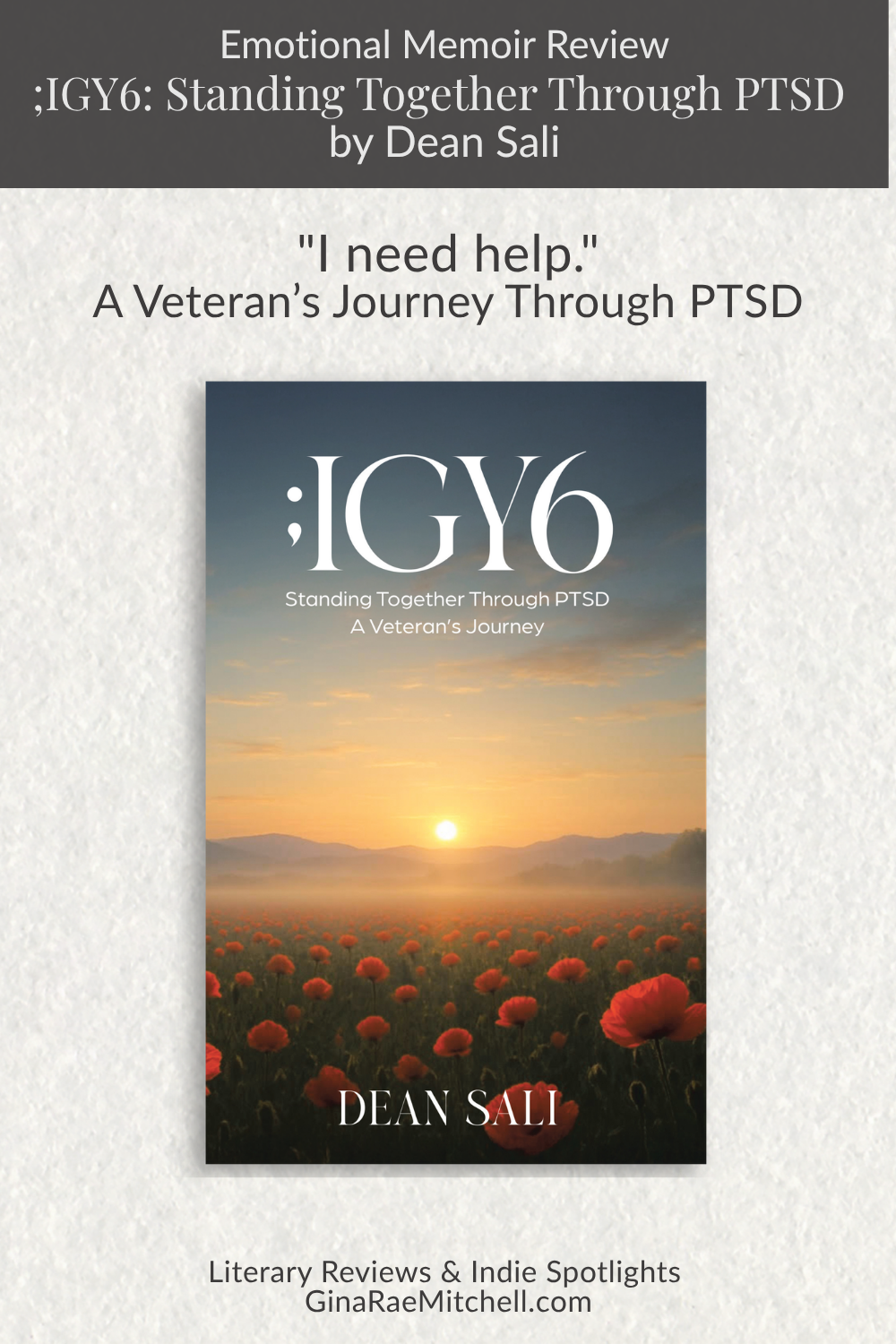 Pinterest pin for IGY6 by Dean Sali, a memoir, featuring a sunrise over a field of red poppies, emphasizing themes of PTSD recovery, healing, and the courage to ask for help
