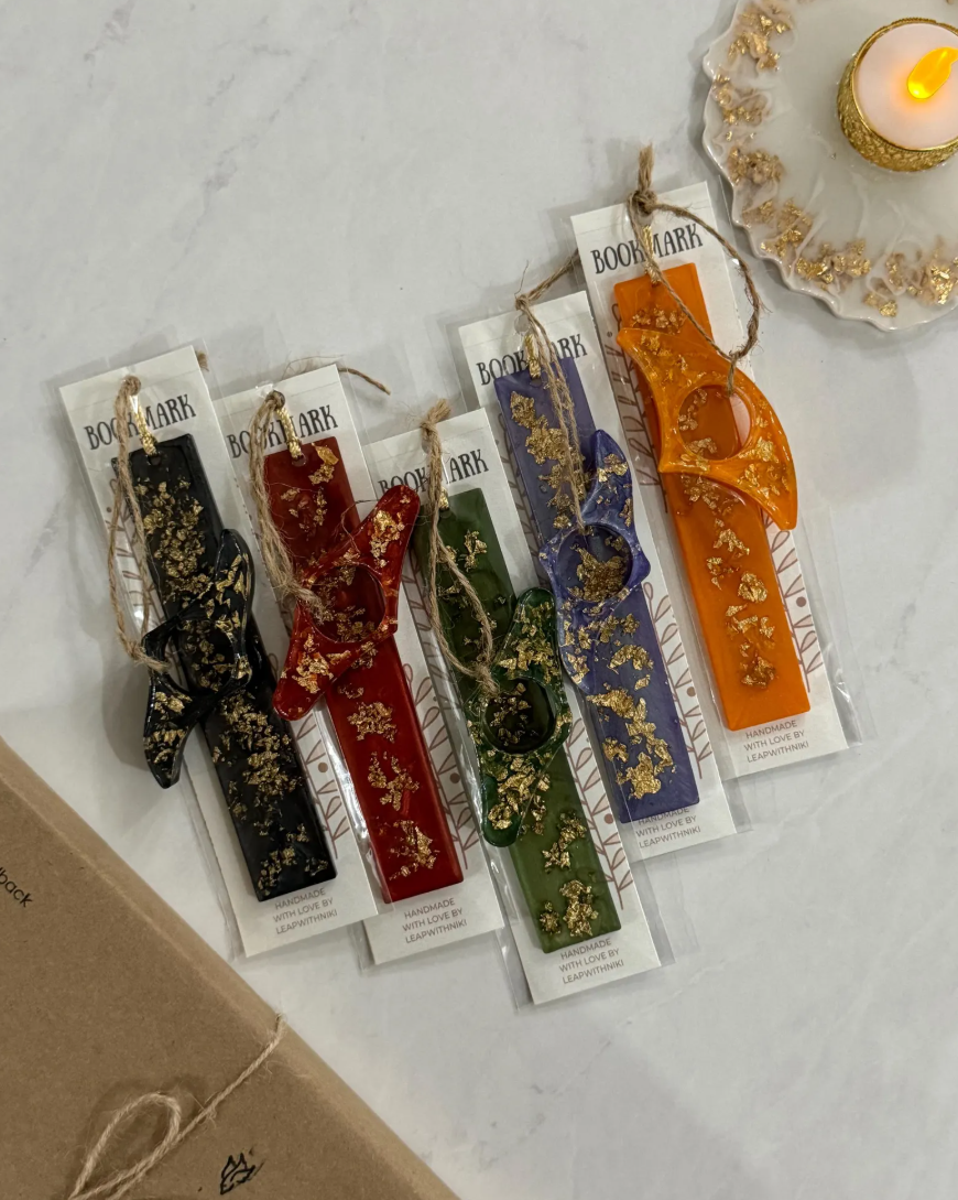 Resin bookmark and matching thumb page holder set with gold accents in multiple colors