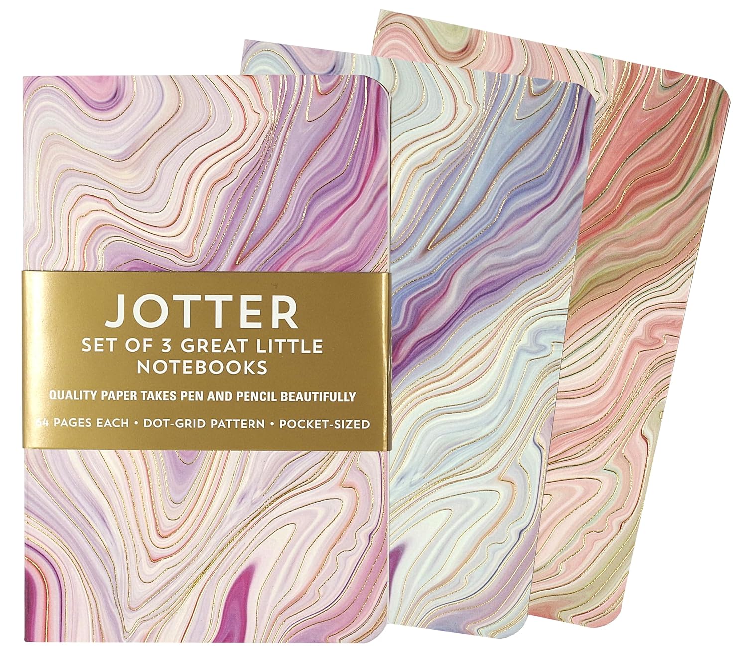 Set of three small agate-pattern notebooks in soft violet, blue, and coral tones with gold foil accents