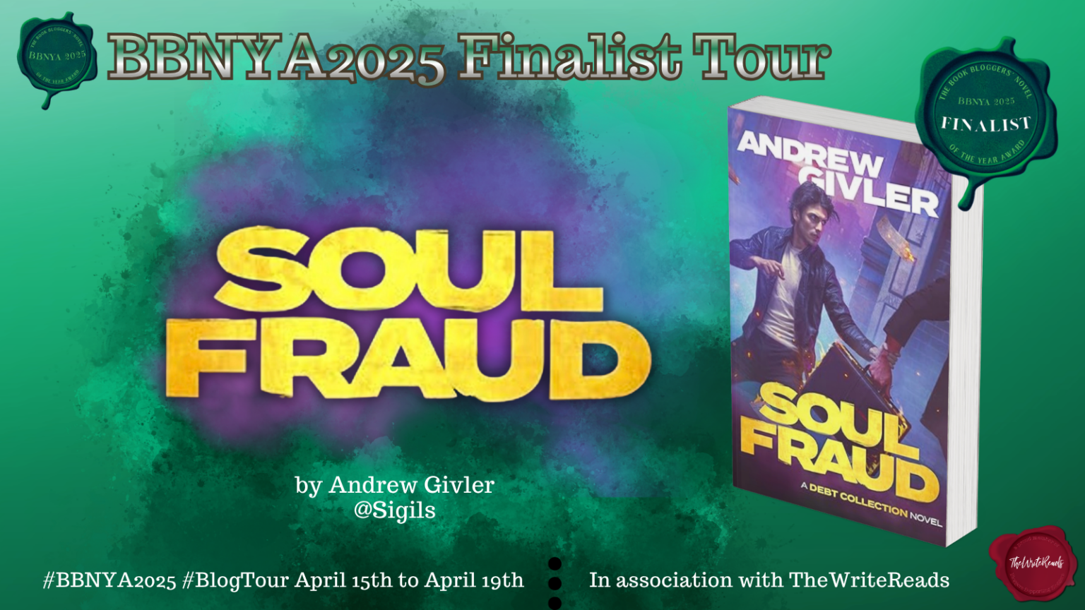 BBNYA 2025 finalist tour banner for Soul Fraud by Andrew Givler featuring the book cover with two men struggling over a briefcase on fire, highlighting supernatural and dark humor themes.