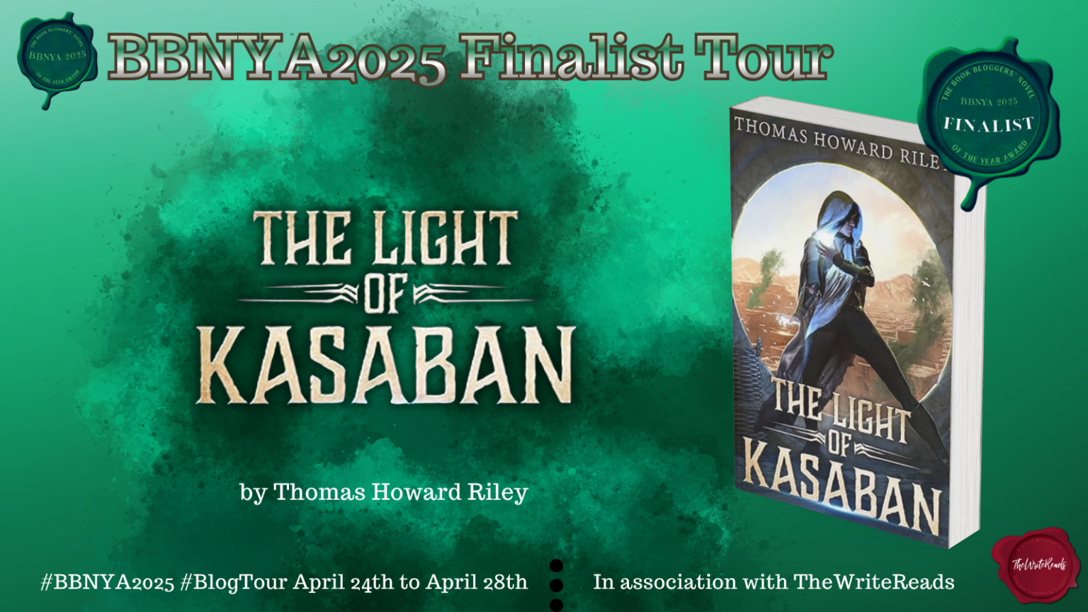 BBNYA 2025 Spotlight Tours banner for The Light of Kasaban by Thomas Howard Riley, 7th place finalist in the Book Bloggers' Novel of the Year Award.