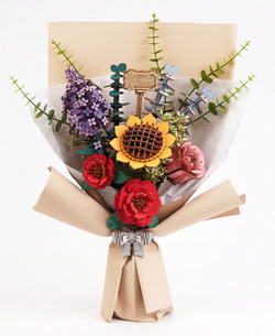 Wooden flower bouquet craft kit with colorful assembled flowers, a calming hands-on DIY project