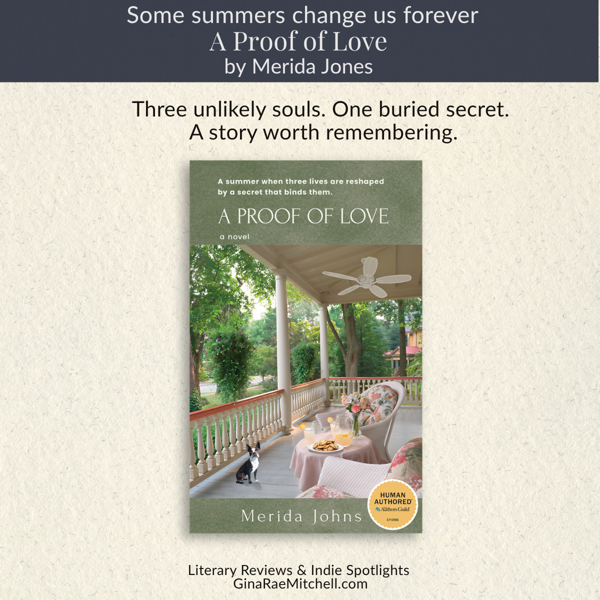 Square promotional graphic for A Proof of Love by Merida Johns featuring a warm Victorian porch scene with lemonade, flowers, cookies, and a small dog, reflecting the novel's nostalgic small-town atmosphere and emotional storytelling.