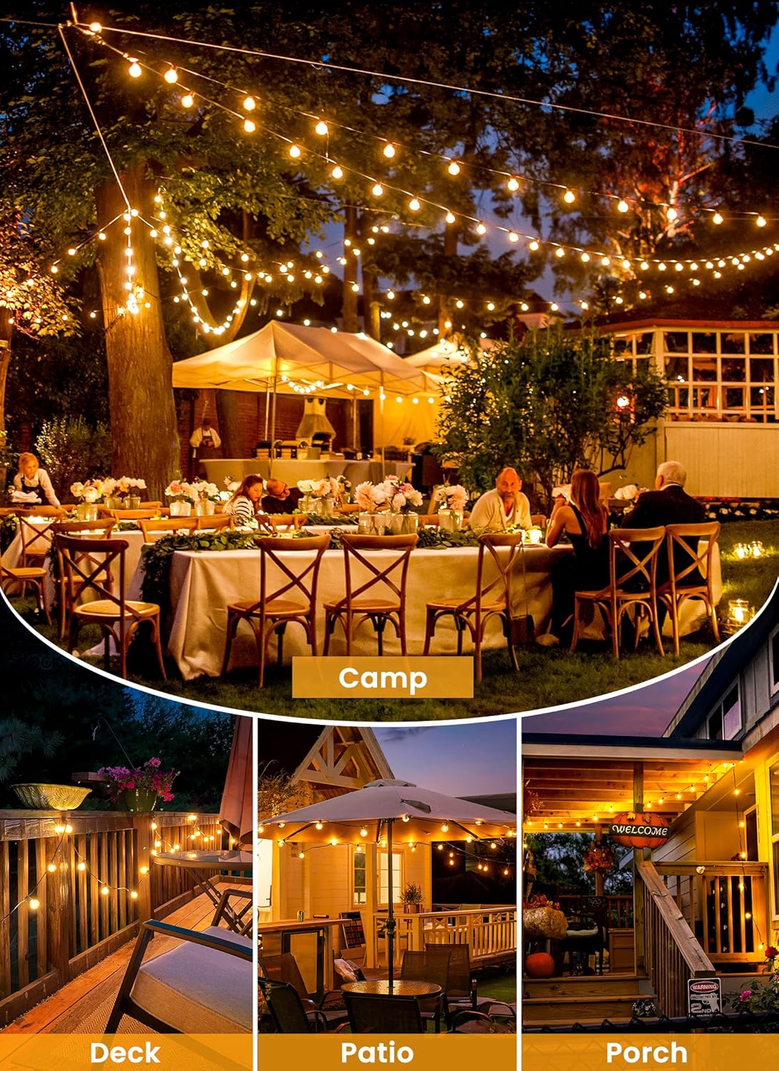 Outdoor backyard gathering spaces decorated with warm solar string lights over patios, porches, decks, and dining tables at dusk.