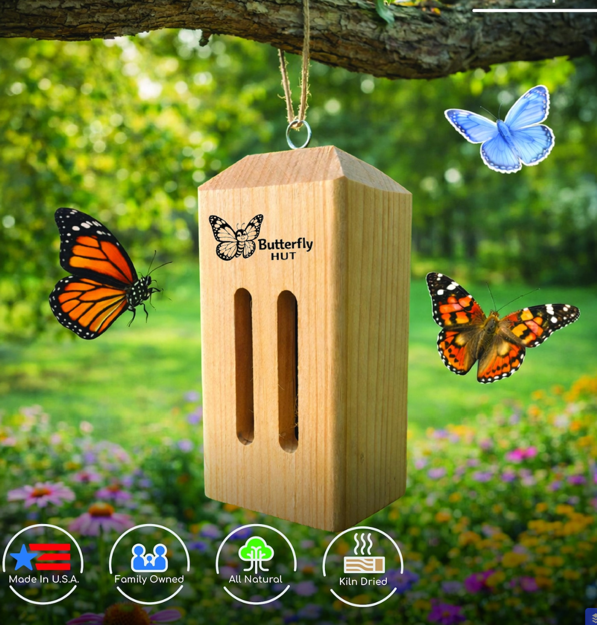 A wooden butterfly house hanging from a tree with several butterflies nearby