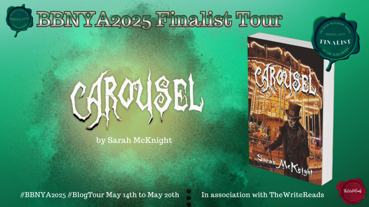BBNYA 2025 Spotlight Tours banner for Carousel by Sarah McKnight, 5th place finalist in the Book Bloggers' Novel of the Year Award.