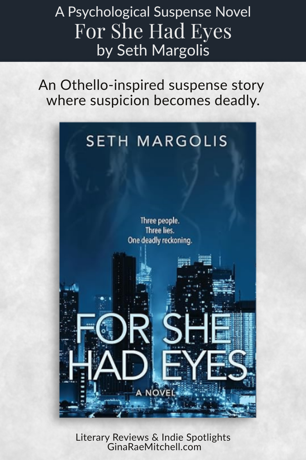 Pinterest graphic for For She Had Eyes by Seth Margolis, an Othello-inspired psychological suspense novel. Features the dark city skyline cover art with the quote An Othello-inspired suspense story where suspicion becomes deadly. Includes GinaRaeMitchell.com Literary Reviews & Indie Spotlights branding.