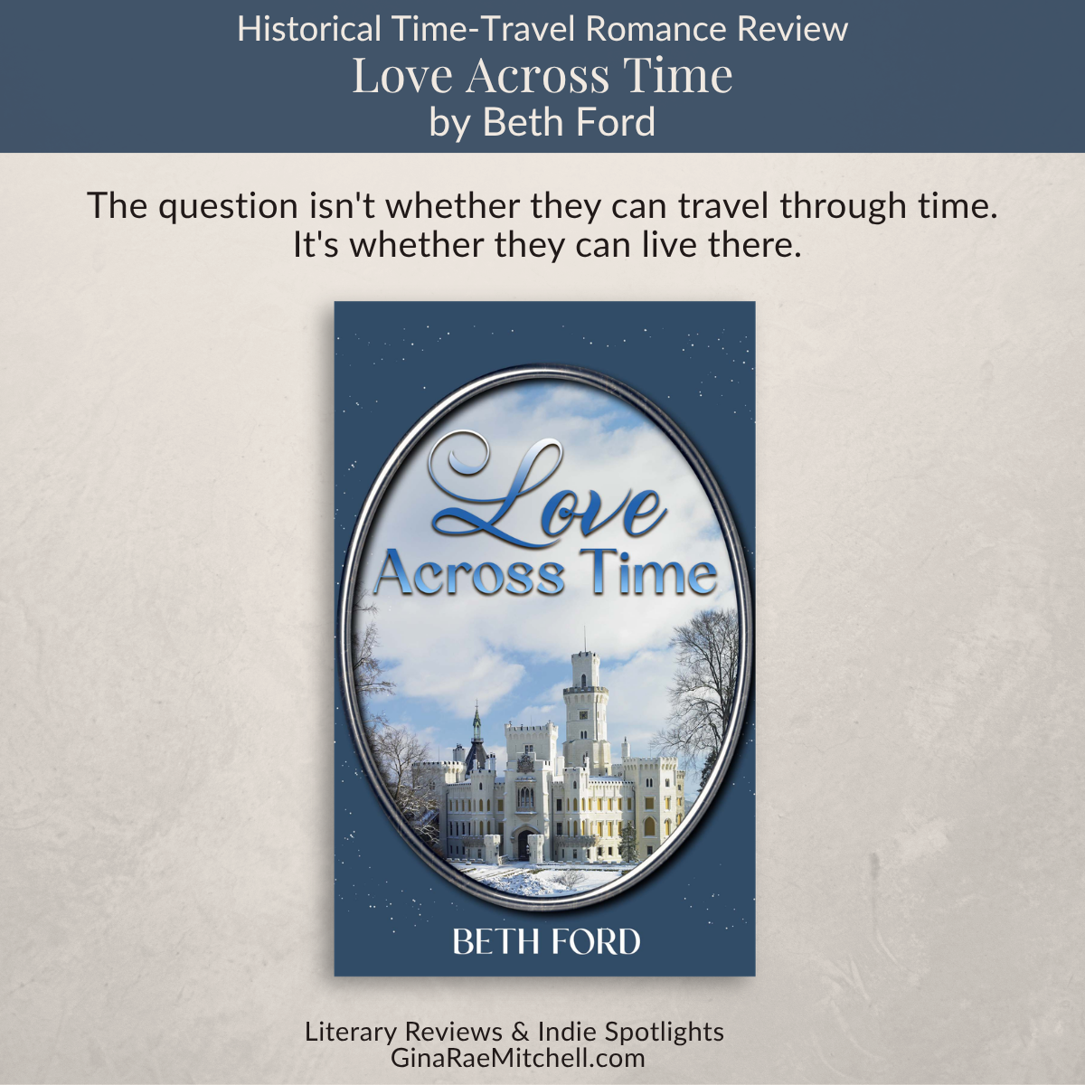 Square review graphic for Love Across Time by Beth Ford. Features the book cover showing a snow-covered castle framed within an ornate oval against a blue background. Text reads: Historical Time-Travel Romance Review and The question isn't whether they can travel through time. It's whether they can live there. Includes GinaRaeMitchell.com branding.