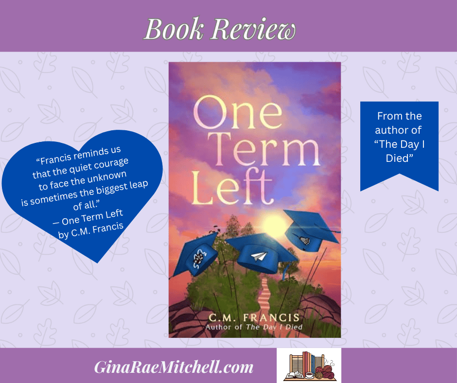 Book cover of "One Term Left" by C.M. Francis featuring a vibrant sunset sky with three graduation caps flying in the air, symbolizing the end of high school and the beginning of a new chapter. One Term Left Banner GRM Blog Graphic