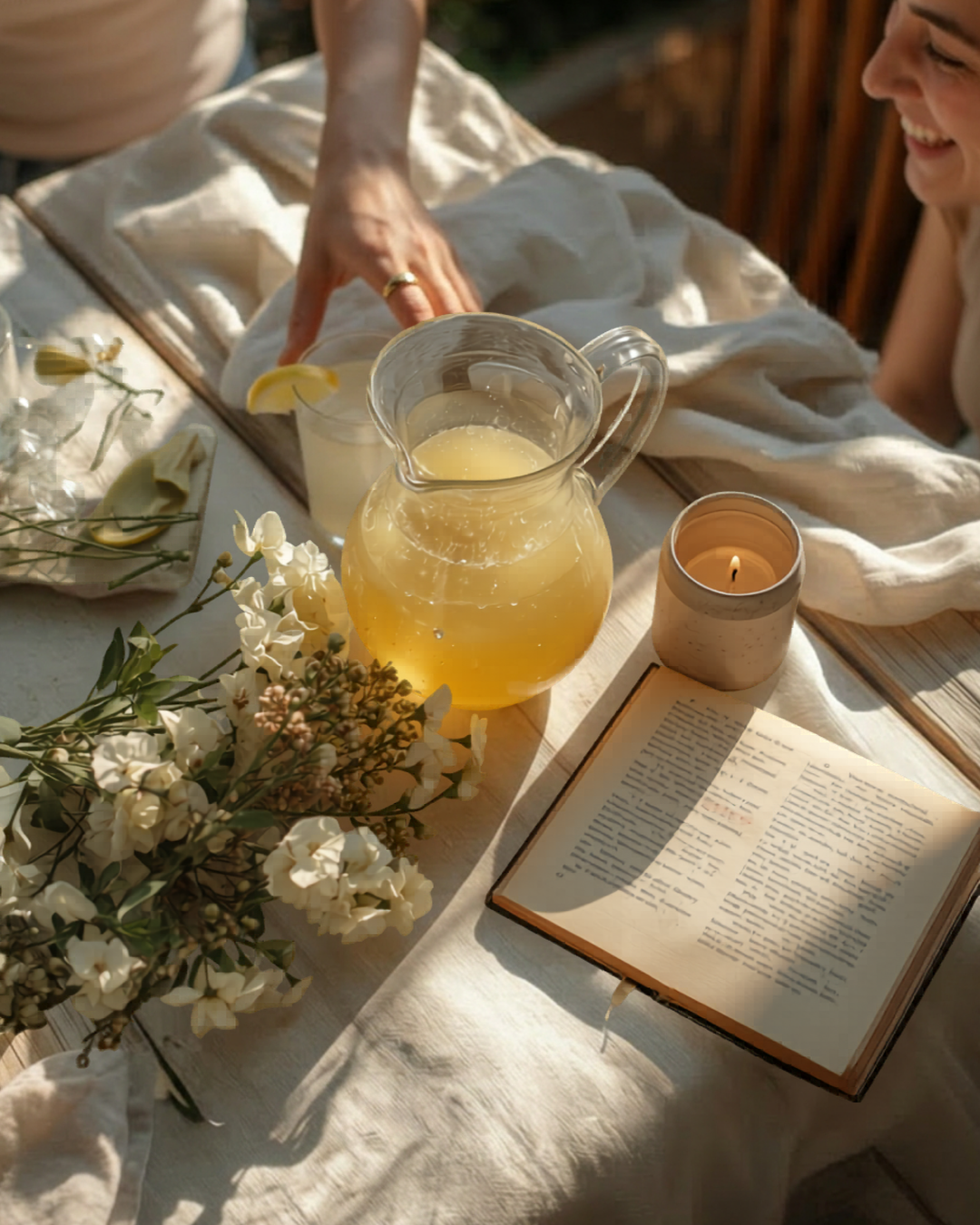 Outdoor summer gathering table with lemonade, flowers, candlelight, and an open book in warm evening sunlight.
