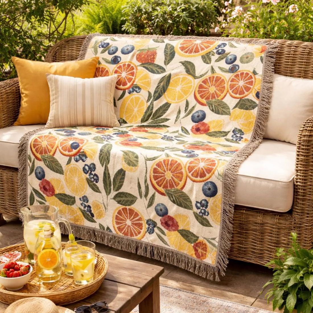 Colorful woven summer throw blanket with citrus fruit patterns draped across an outdoor wicker patio sofa.