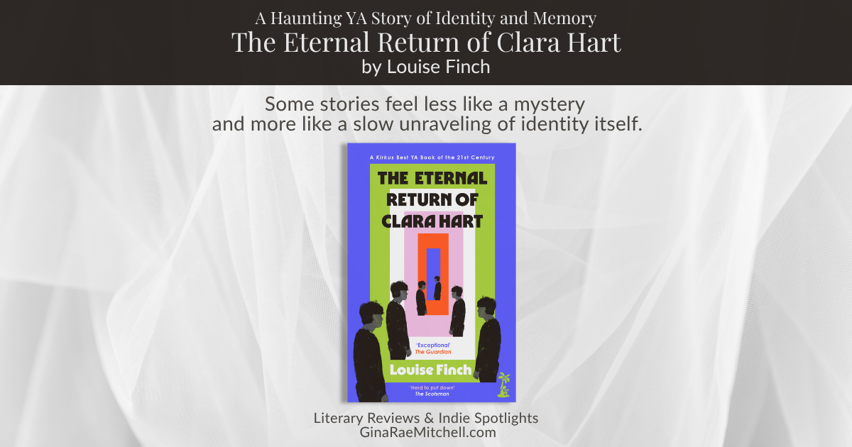 Wide blog banner for The Eternal Return of Clara Hart by Louise Finch featuring the illustrated book cover on a muted gray textured background with a quote about identity and emotional unraveling.