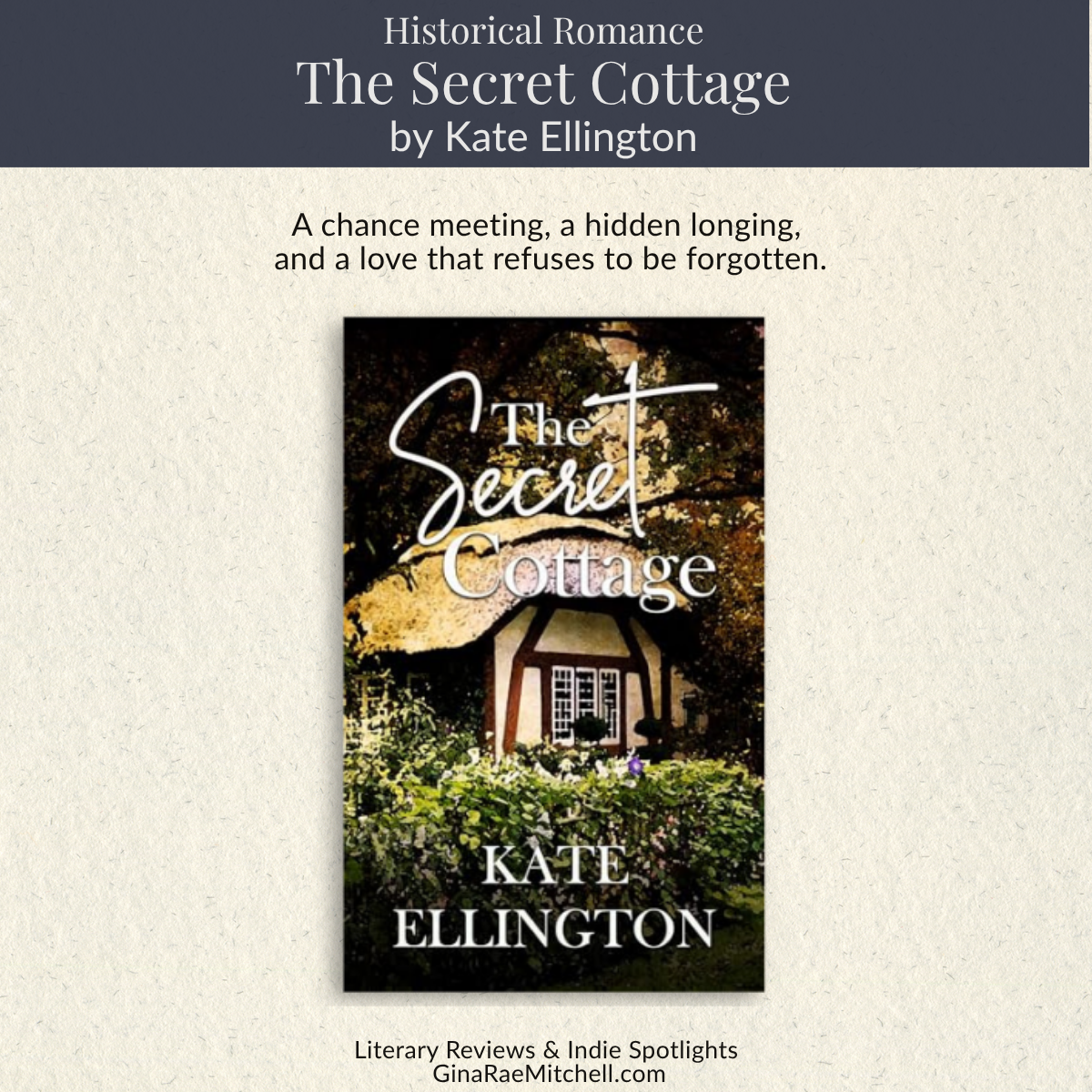 square banner for The Secret Cottage by Kate Ellington showing a hidden cottage nestled among dense greenery beneath golden sunlight. .