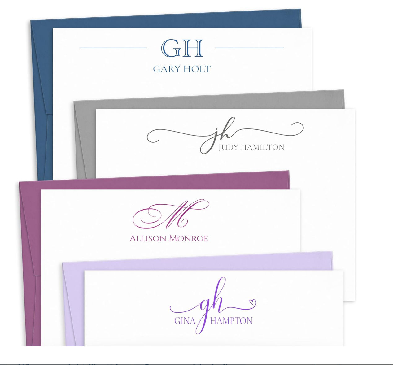 Personalized monogram note cards with matching envelopes in elegant classic designs.