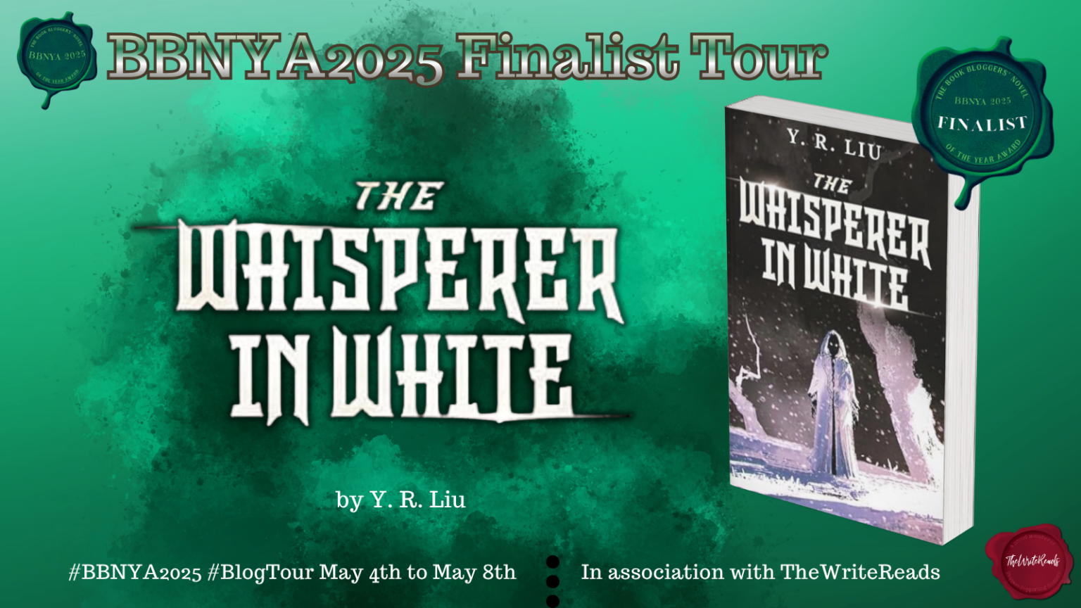 BBNYA 2025 Spotlight Tours banner for The Whisperer in White by Y. R. Liu, 6th place finalist in the Book Bloggers' Novel of the Year Award.