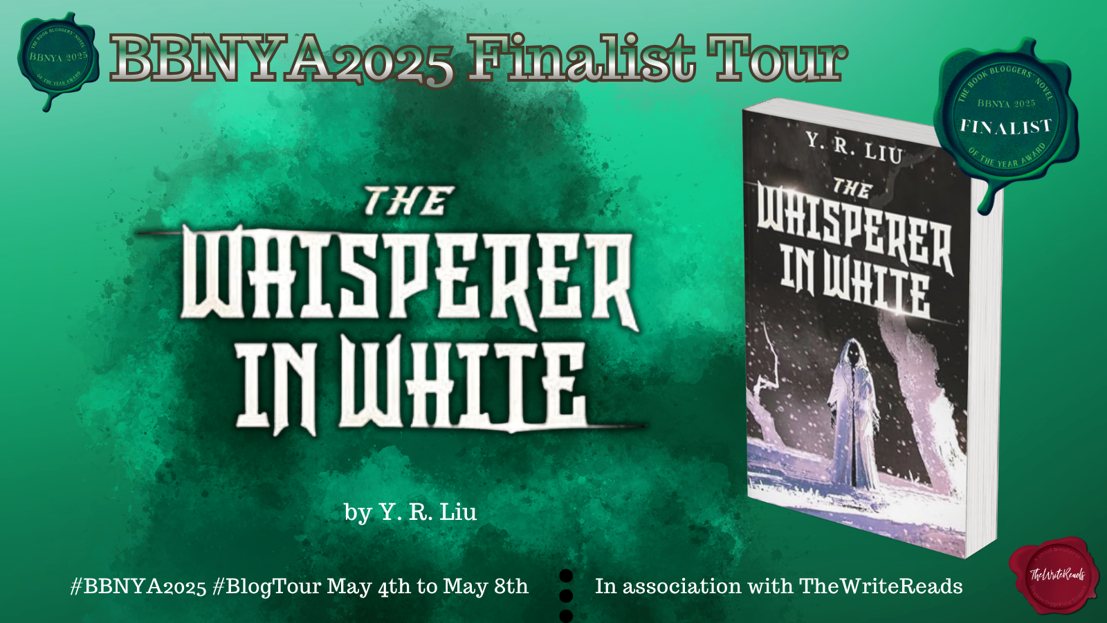 BBNYA 2025 Spotlight Tours banner for The Whisperer in White by Y. R. Liu, 6th place finalist in the Book Bloggers' Novel of the Year Award.