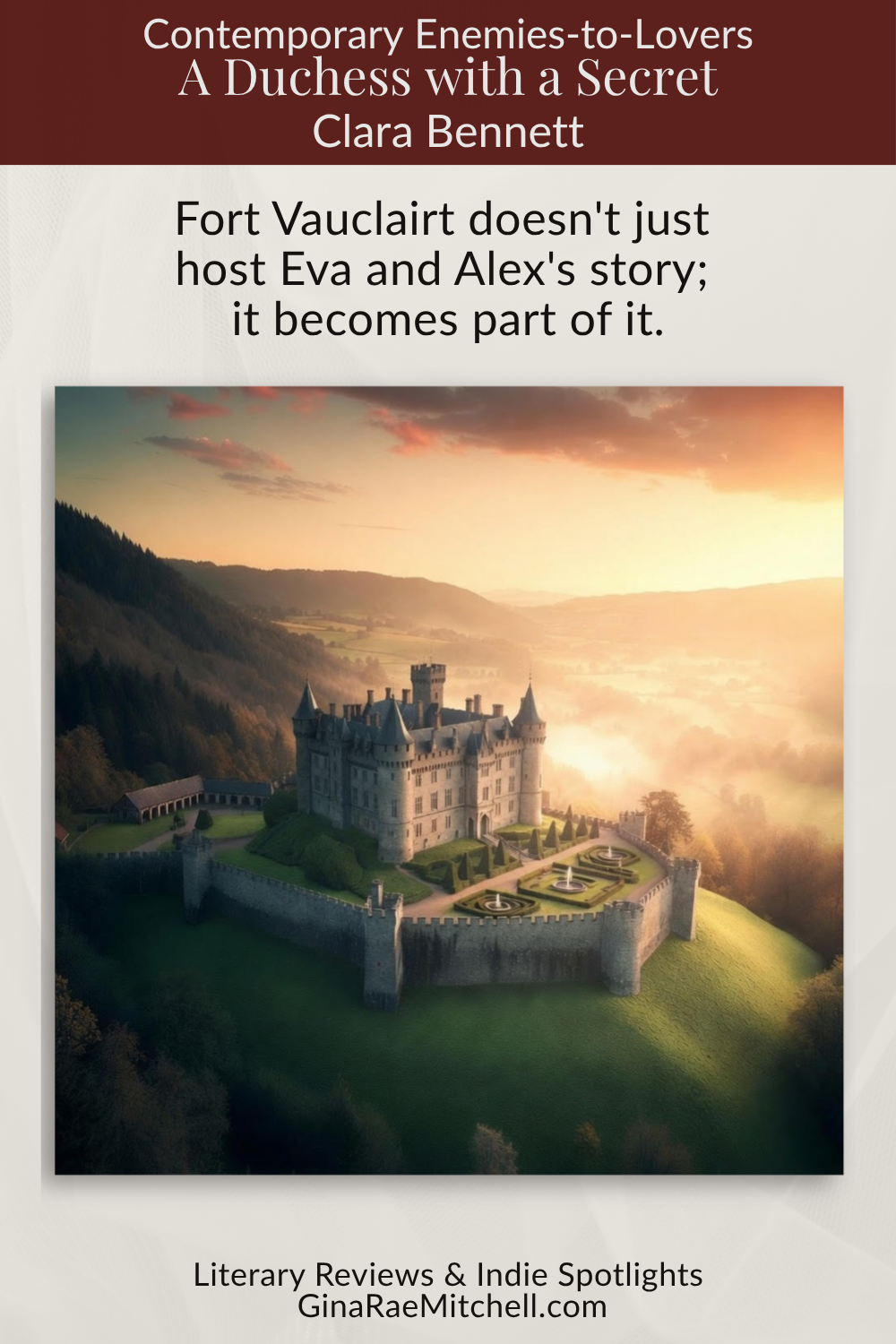 A Duchess with a Secret by Alix Nichols Book Review | Enemies-to-Lovers Romance 5 Book review vertical graphic for A Duchess with a Secret by Alix Nichols featuring a castle image and reviewer quote praising the family secrets, intrigue, and enemies-to-lovers romance.