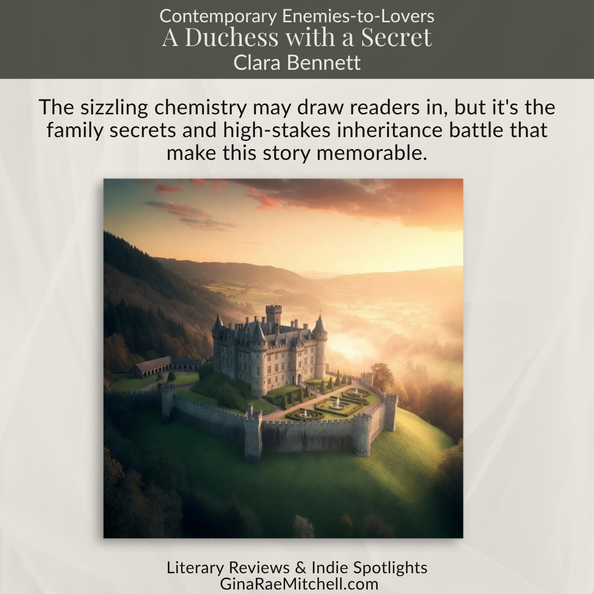 Book review graphic for A Duchess with a Secret by Alix Nichols featuring a castle image and reviewer quote praising the family secrets, intrigue, and enemies-to-lovers romance.