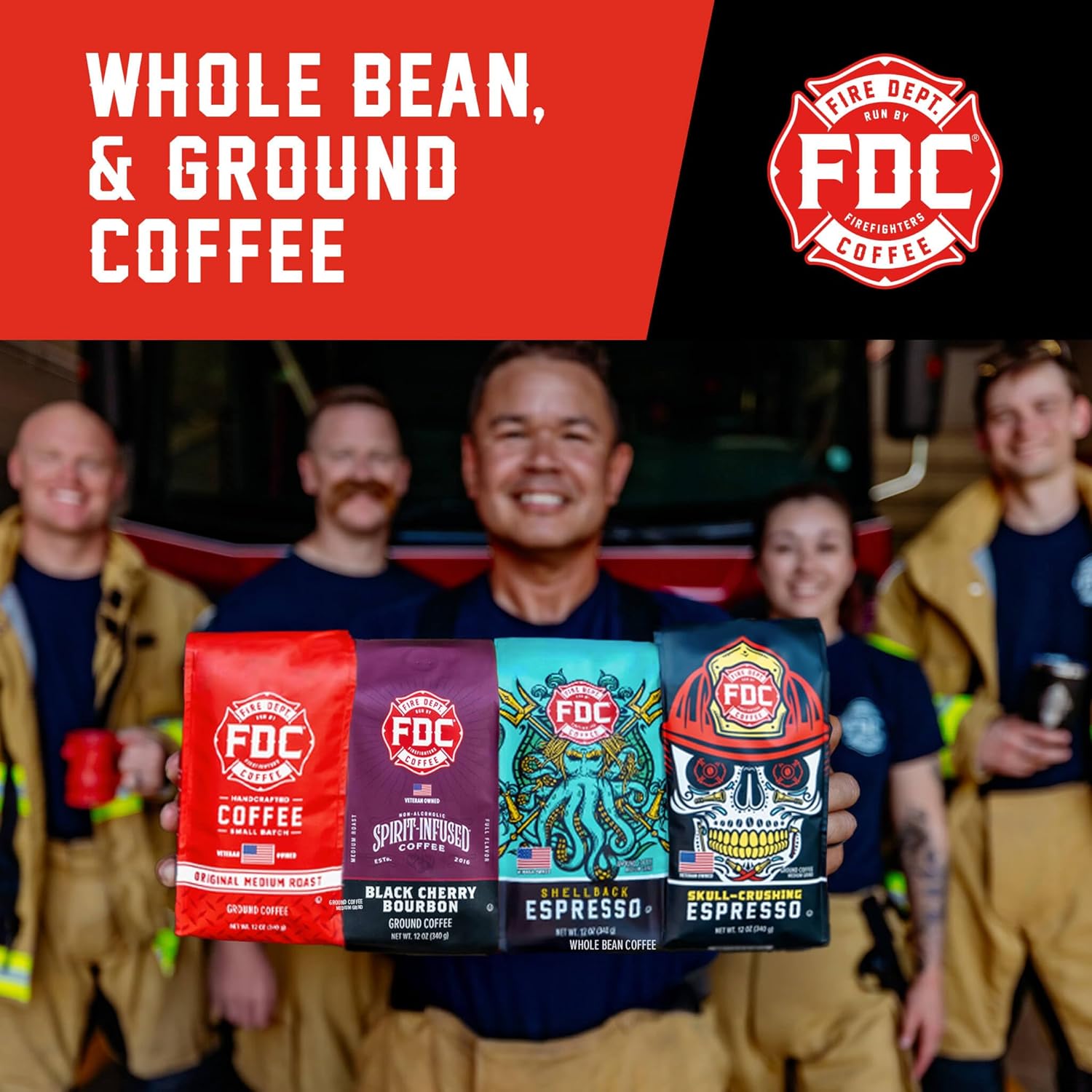 Assorted Fire Department Coffee gift pack featuring multiple coffee bags arranged against a dark background.