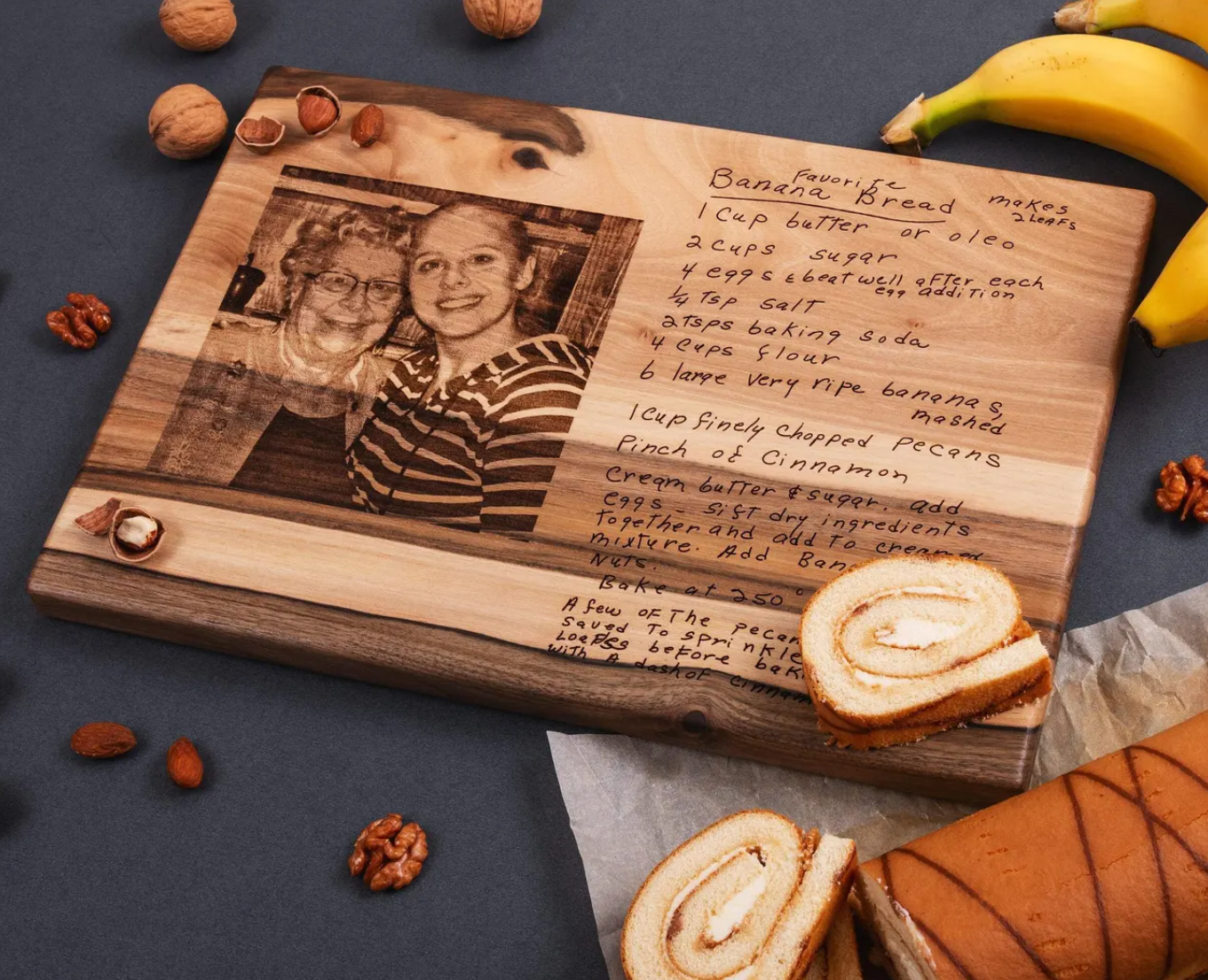 Image of a personalized family heirloom wooden cutting board with an image + recipe