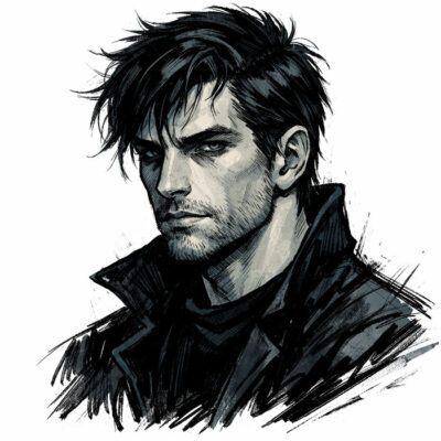 Black-and-white illustrated portrait of author Nick Brewster showing a man with tousled dark hair, light stubble, and a high-collared jacket rendered in a bold ink sketch style.