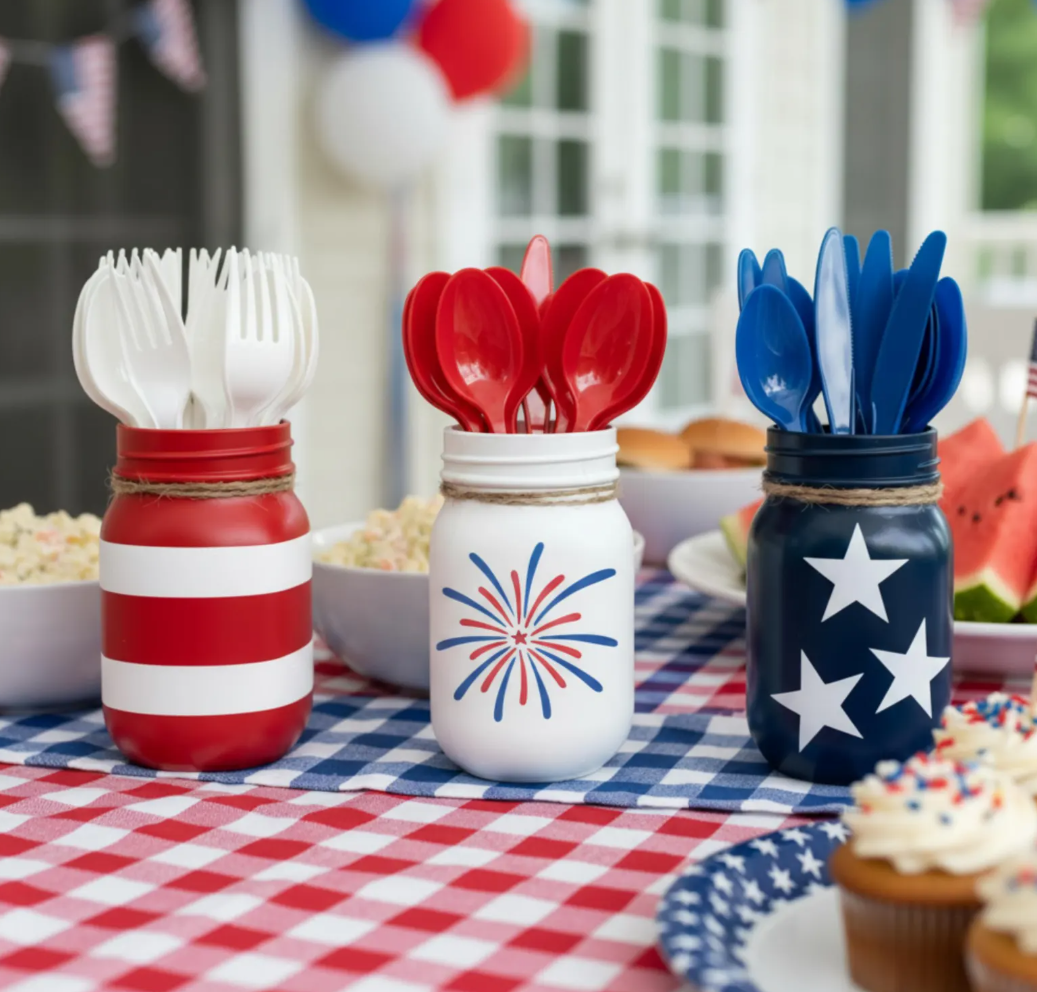 Three red, white, and blue mason jars hold plastic forks, spoons, and knives on a patriotic picnic table decorated for a Fourth of July celebration.