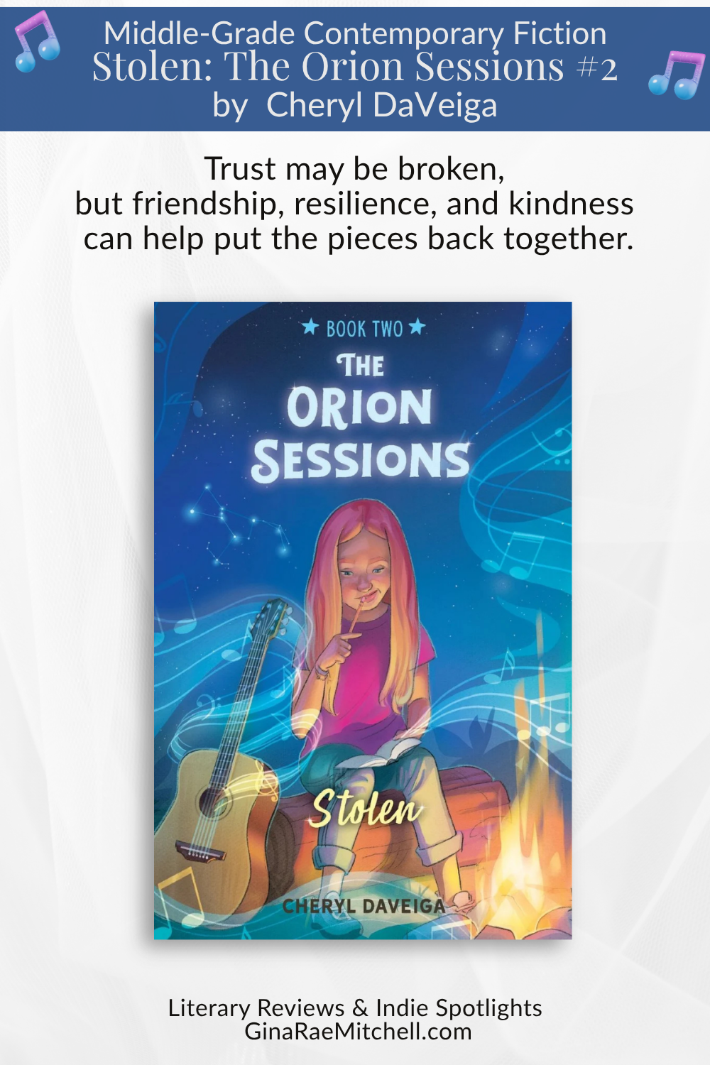 Stolen: The Orion Sessions by Cheryl DaVeiga | Middle-Grade Review 4 What happens when someone takes credit for your work? Stolen: The Orion Sessions #2 follows Orion as she learns that friendship, resilience, and kindness can help heal even the deepest disappointments. Read my full review of this uplifting middle-grade novel by Cheryl DaVeiga. #MiddleGradeBooks #BookReview #ChildrensBooks #MGReads #ReadersOfPinterest #BookBlogger