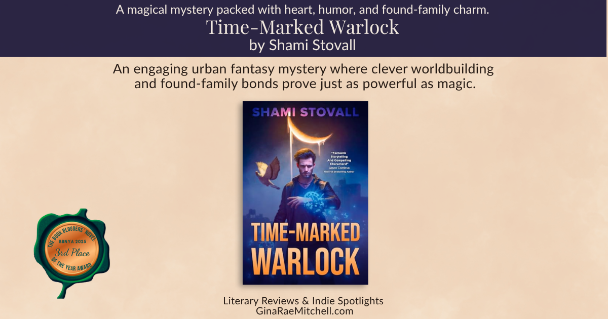 BBNYA 2025 finalist tour banner for Time-Marked Warlock by Shami Stovall featuring the book cover with a magical warlock on a cream background with GinaRaeMitchell branding.