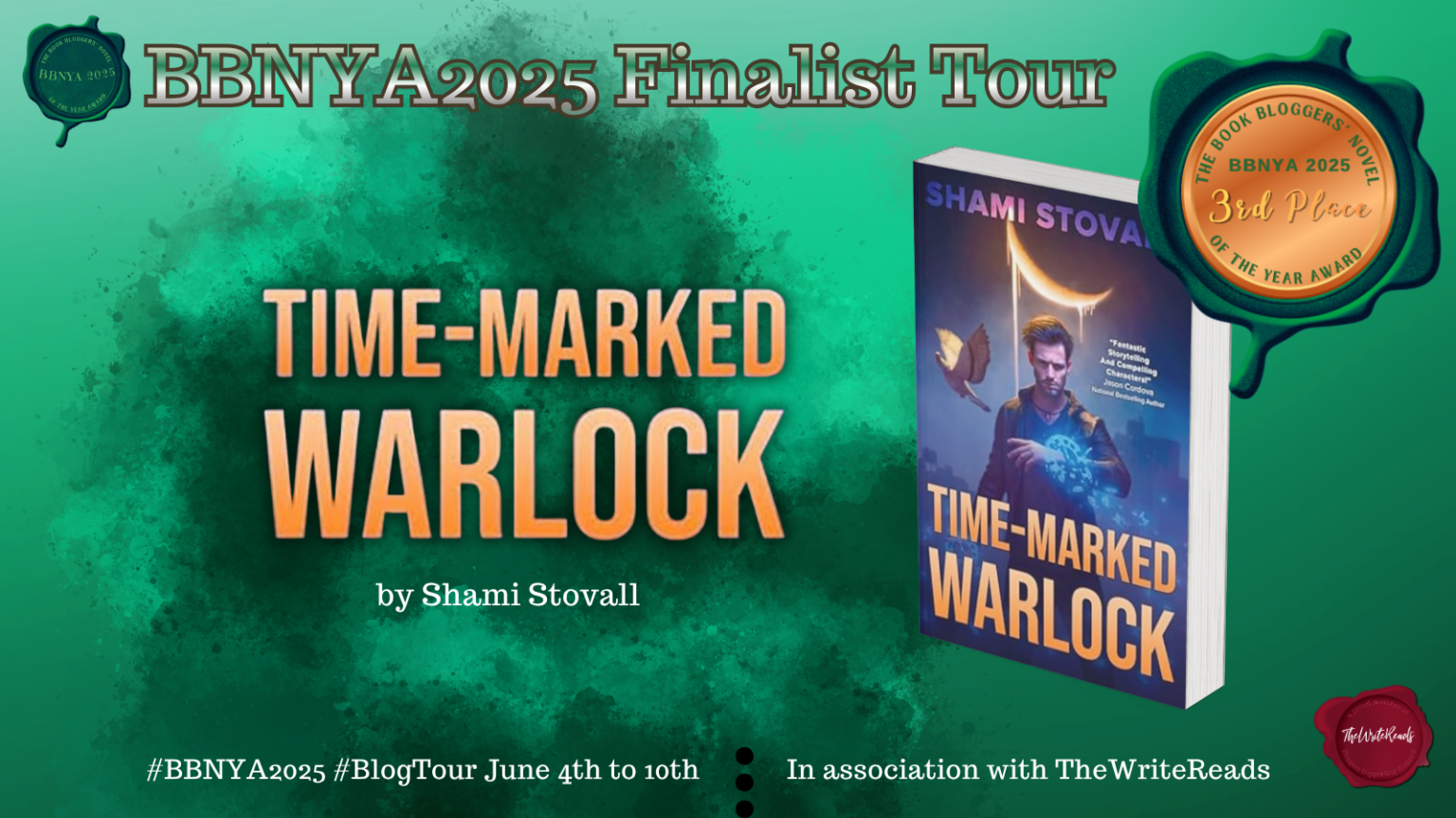 BBNYA 2025 finalist tour banner for Time-Marked Warlock by Shami Stovall featuring the book cover with a magical warlock on a green background