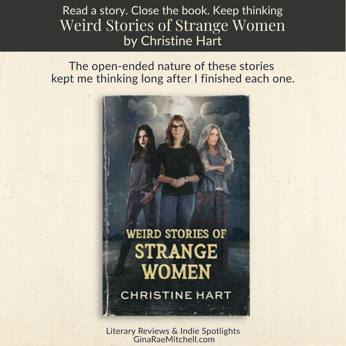 Square review graphic for Weird Stories of Strange Women by Christine Hart featuring the book cover, moonlit imagery, and the review quote about stories that continue to provoke thought after reading.