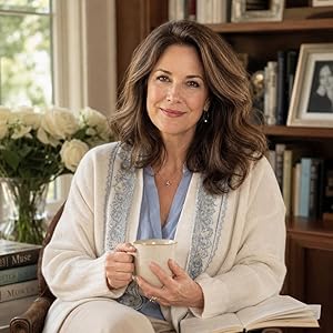 Murder at the Sunday Brunch | A Maplewood Mystery of Buried Secrets and Stolen History by Clara Bennett 2 author Clara Bennerr seating in a library with a cup of coffee on her lap