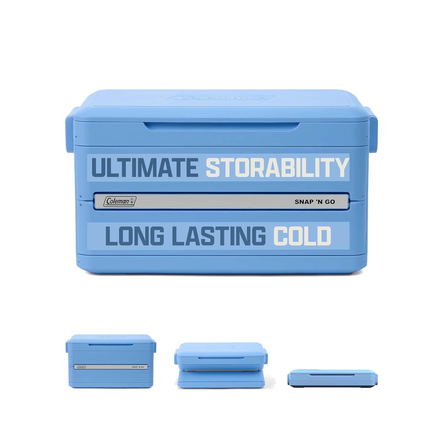 Blue Coleman Snap 'N Go collapsible cooler shown folded and expanded for portable food and drink storage.