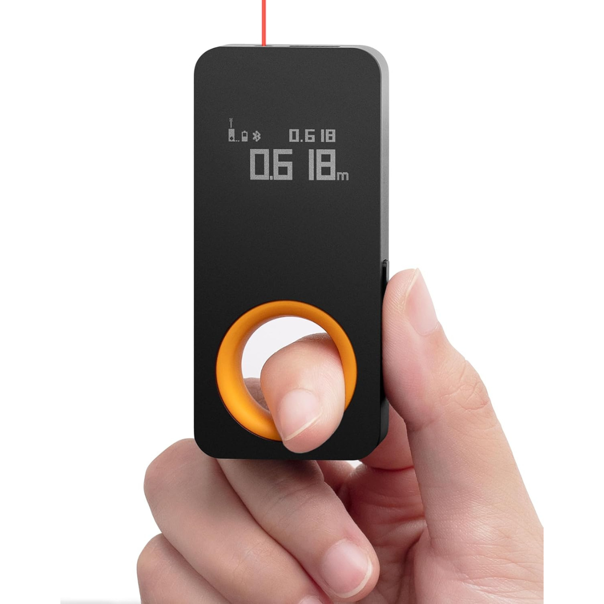 Compact black laser tape measure displayed against a light background.