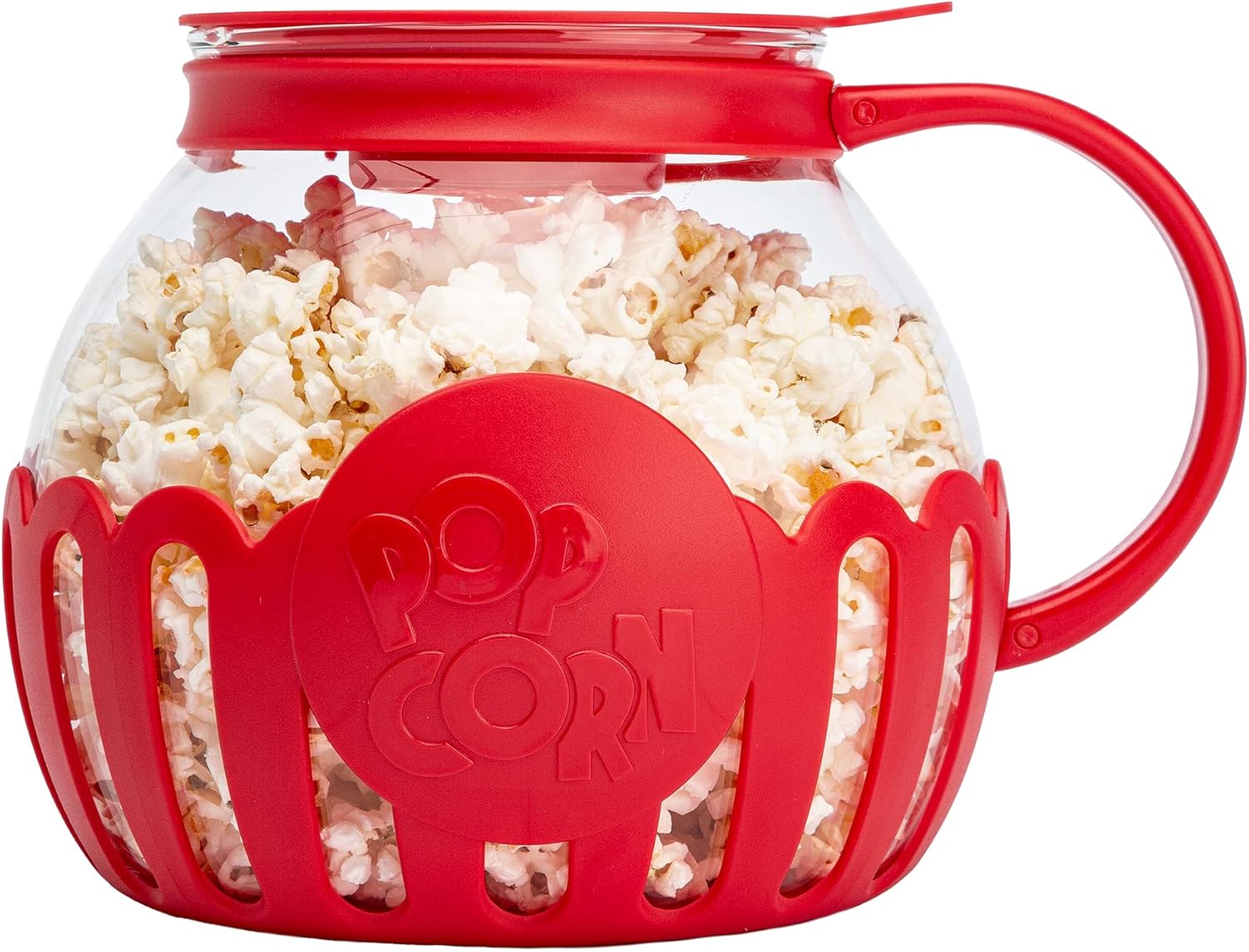 A microwave popcorn popper in clear and red with a teapot style handle