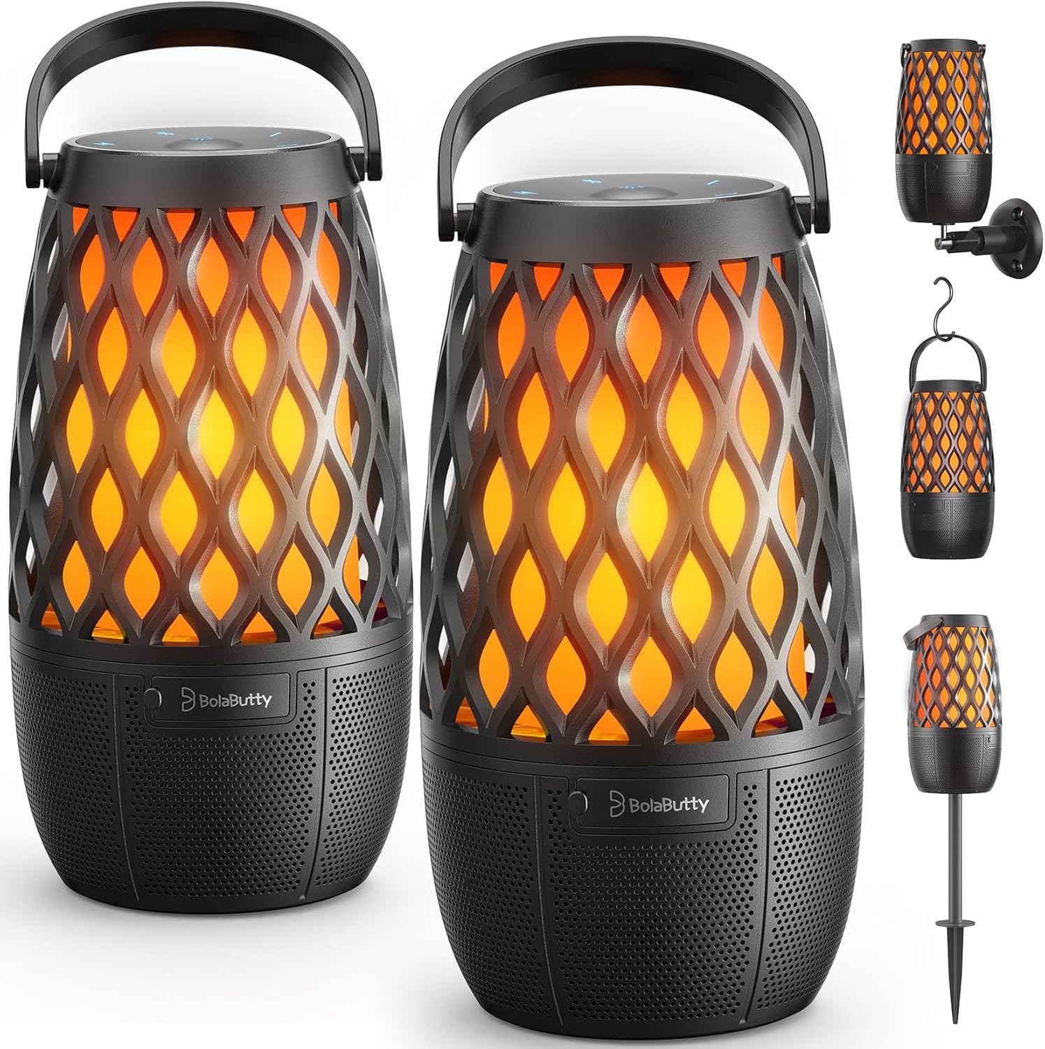 Pair of black outdoor lantern speakers with warm flame-effect lighting designed for patios, decks, and backyard gatherings.