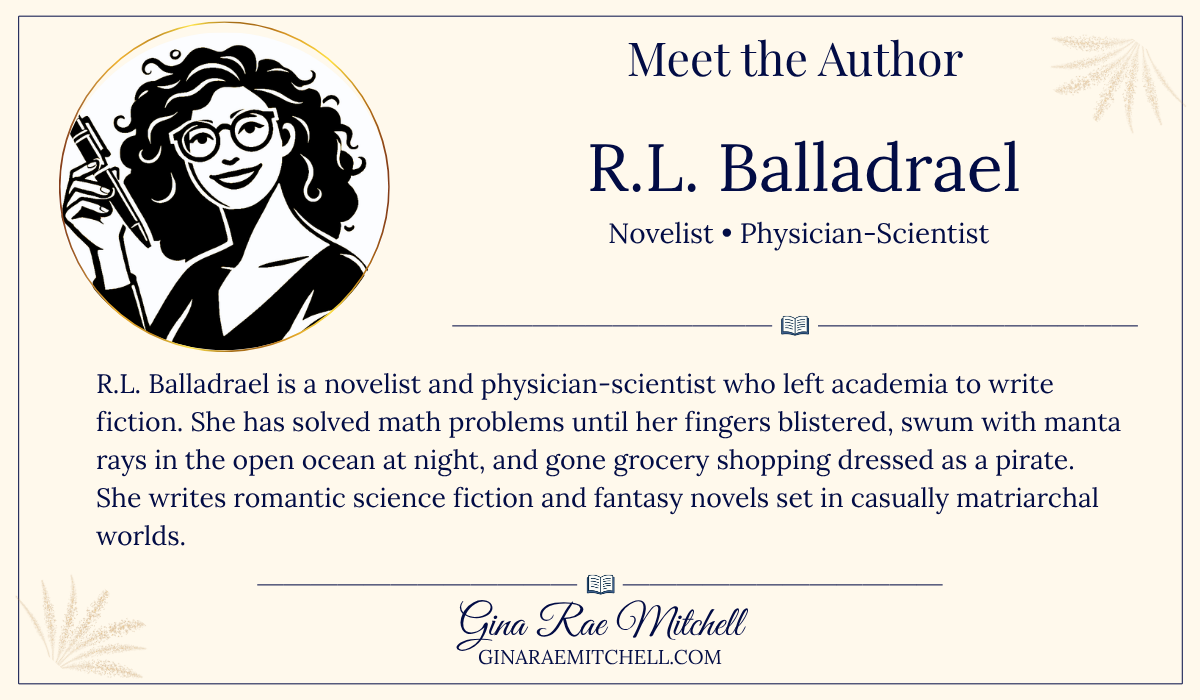 Author card featuring novelist and physician-scientist R.L. Balladrael with an illustrated portrait and biographical information.