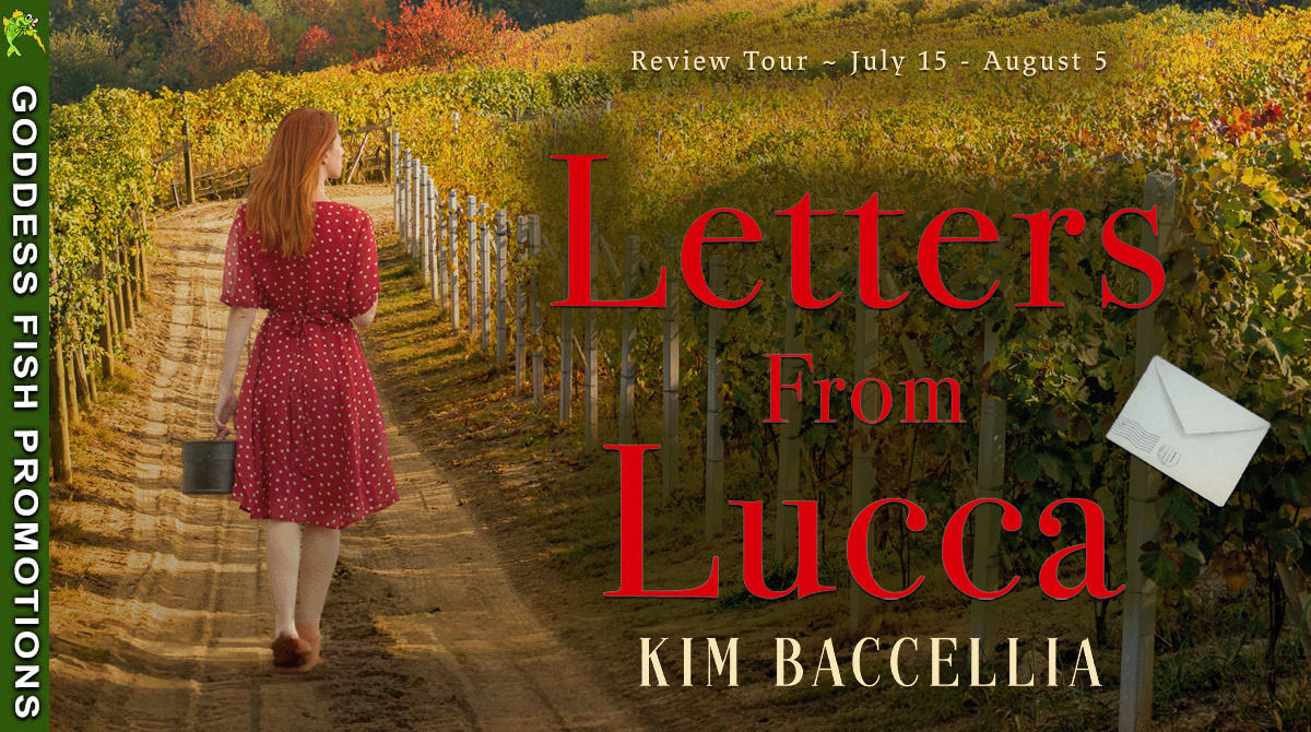 Banner for the Goddess Fish Promotions Tour of Letters from Lucca by Kim Baccellia, showing tour dates and tour branding.